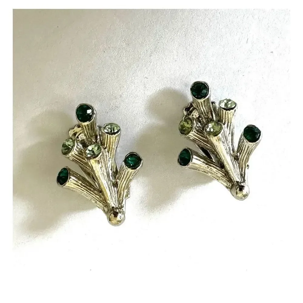 silver green coral branch clip earrings vintage silver